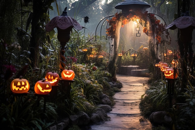 Jardin hanté d'Halloween enchanteur avec citrouilles lumineuses, créatures magiques et sentiers