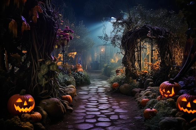 Jardin hanté d'Halloween enchanteur avec citrouilles lumineuses, créatures magiques et sentiers