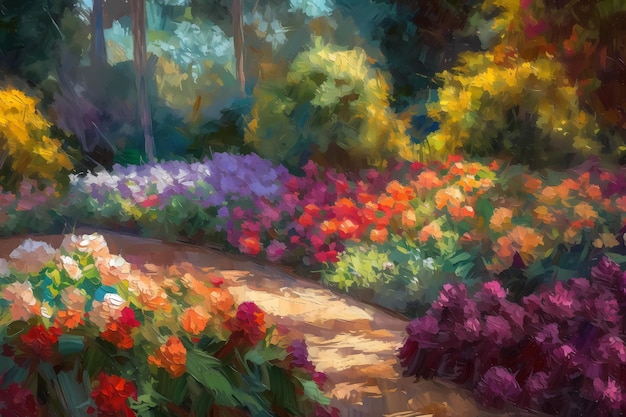 Jardin avec une illustration d'art numérique de fleurs et d'arbres colorés