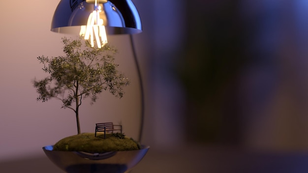 Jardin à l'intérieur d'une ampoule avec banc d'arbre lumineux