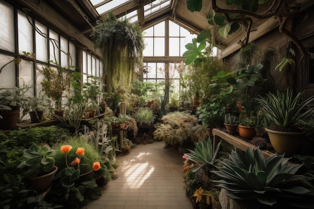 Jardin intérieur avec variété de plantes fleurs et verdure