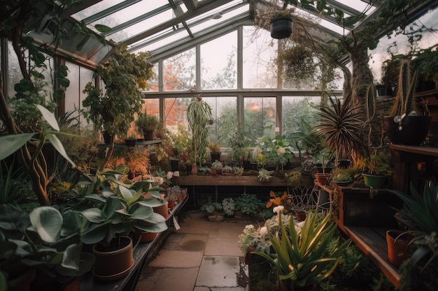 Jardin intérieur avec une variété de plantes, y compris des plantes grasses et des orchidées créées avec une IA générative