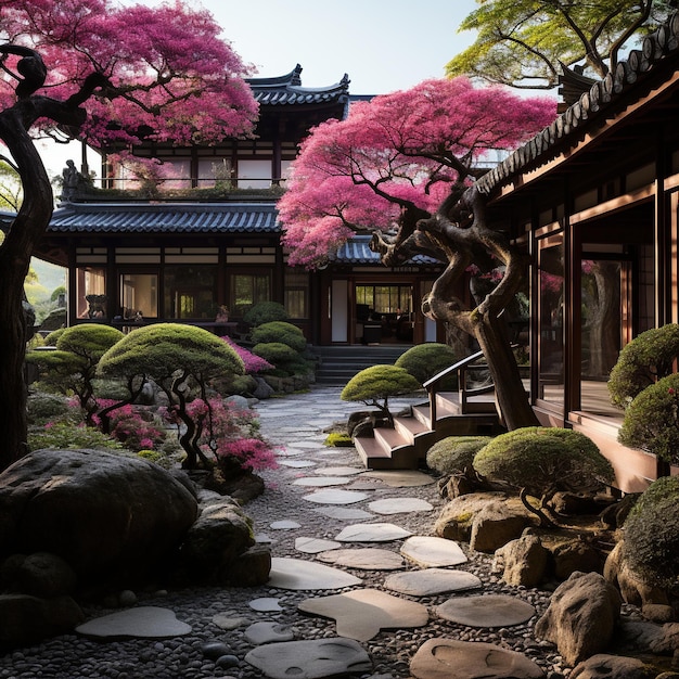 Jardin japonais avec des arbres roses et un chemin de pierre