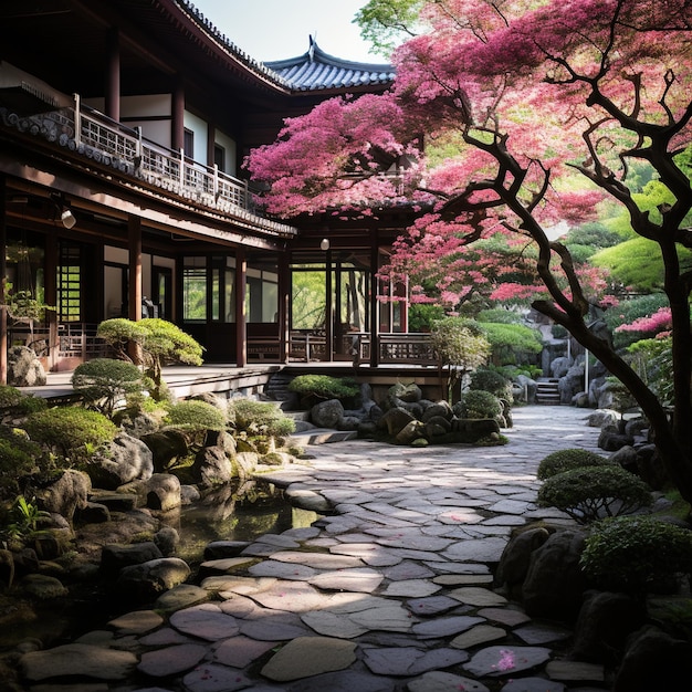 Jardin japonais avec des cerisiers en fleurs et un sentier en pierre