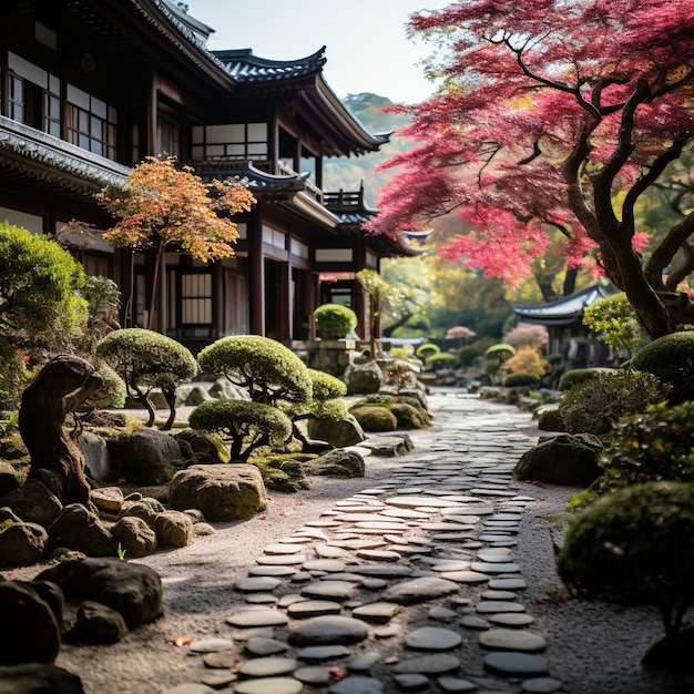 Jardin japonais avec des érables rouges et un sentier de pierre