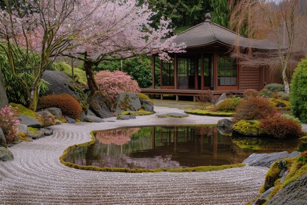 Photo un jardin japonais avec un étang et une petite cabane