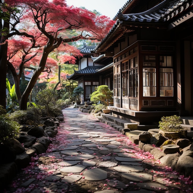 Jardin japonais avec une maison traditionnelle et des arbres roses