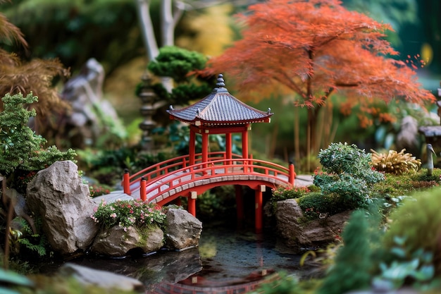 Jardin japonais avec une pagode et un pont rouge sur un pon