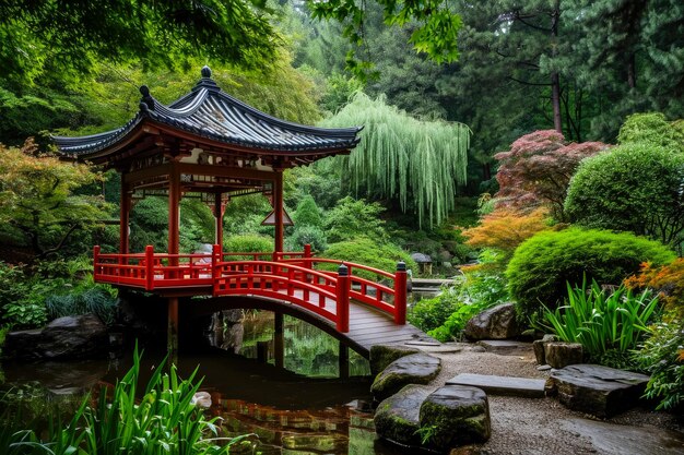 Jardin japonais avec une pagode et un pont rouge sur un pon