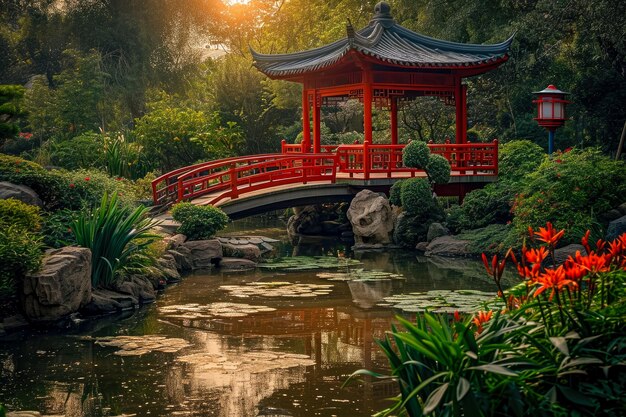 Jardin japonais avec une pagode et un pont rouge sur un pon