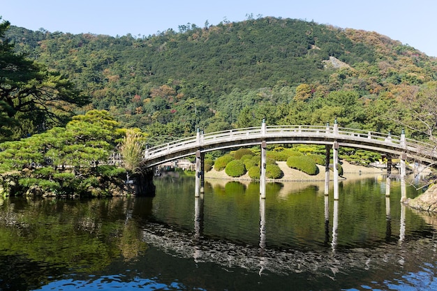 Jardin japonais Ritsurin et pont en bois