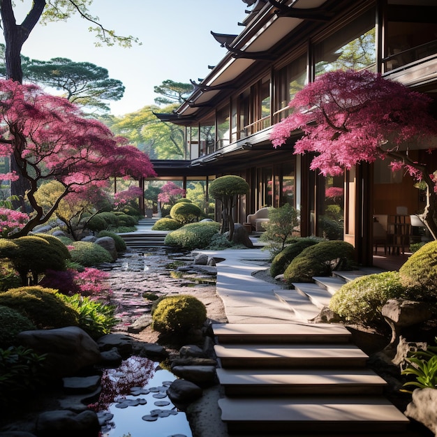 Un jardin japonais serein avec une maison traditionnelle