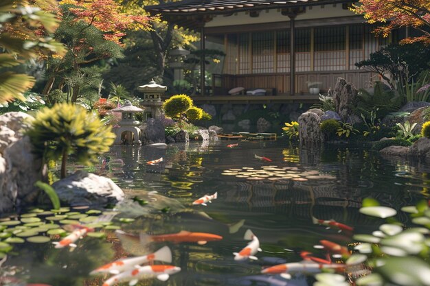 Photo un jardin japonais traditionnel avec des étangs de koi