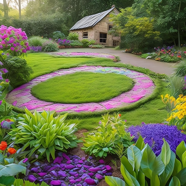 Un jardin avec un jardin en arrière-plan et une maison en arrière-plan.