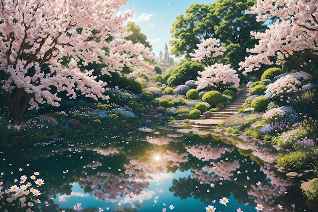 Photo jardin avec un lac et des arbres roses avec des feuilles dans l'eau