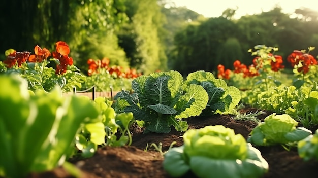 Un jardin de légumes avec des légumes mûrs et des herbes sur les lits Générer Ai