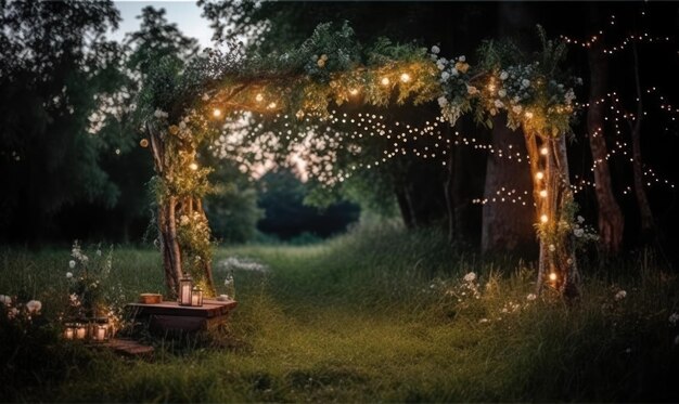 Un jardin avec des lumières sur les branches