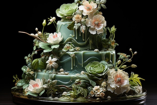 Jardin des lutins conférant des fleurs et des fruits gâteau génératif IA