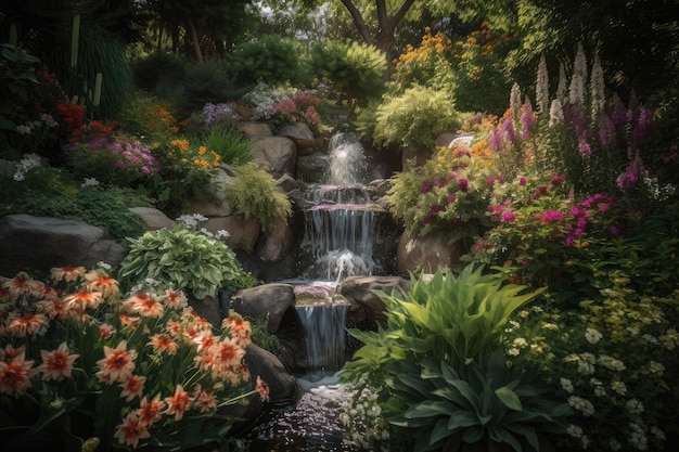 Jardin luxuriant avec cascade entourée de fleurs épanouies