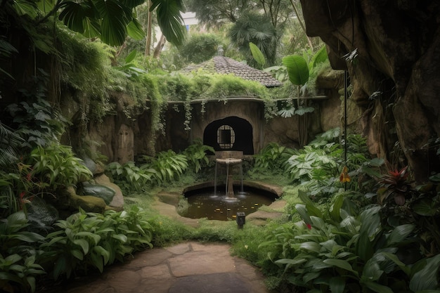 Jardin luxuriant avec cascade et mini grotte entourée d'une végétation luxuriante