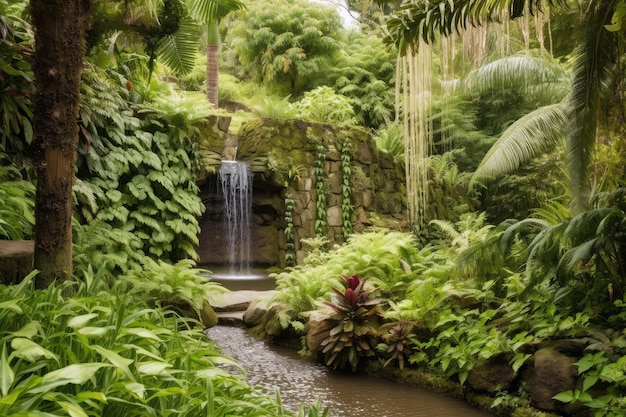 Jardin luxuriant avec cascade et verdure en arrière-plan