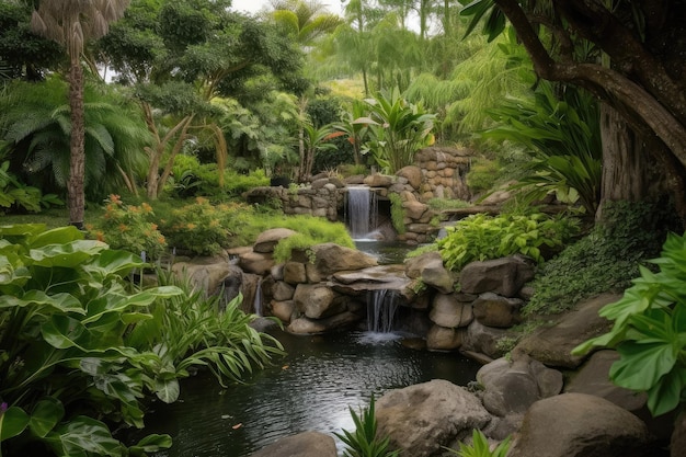 Jardin luxuriant avec cascades et poissons nageant