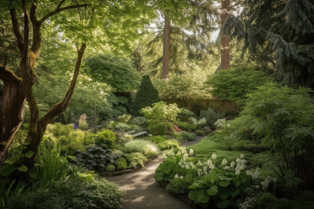 Jardin luxuriant entouré d'arbres imposants créant un environnement serein