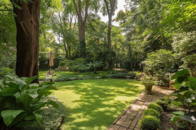 Jardin luxuriant entouré d'arbres imposants offrant ombre et intimité