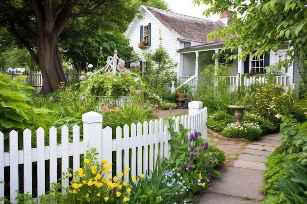 Jardin luxuriant avec palissade blanche et banc en bois créé avec une IA générative