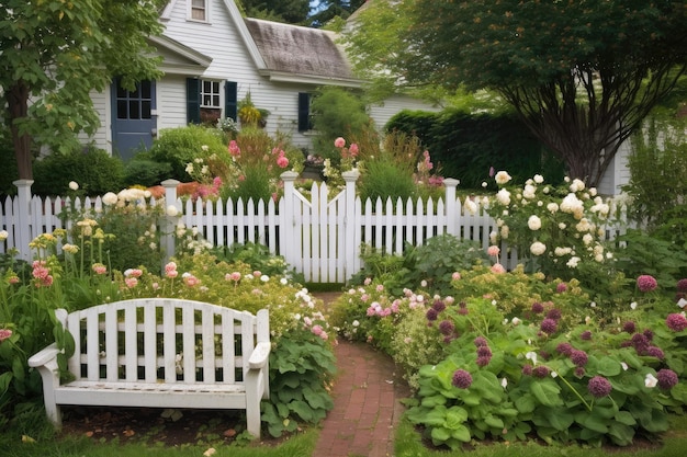 Jardin luxuriant avec palissade blanche et banc en bois