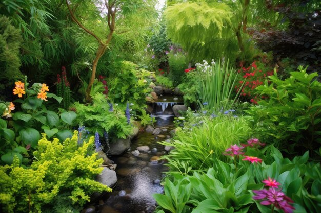 Jardin luxuriant avec petit ruisseau entouré de verdure et de fleurs