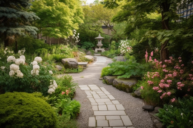 Jardin luxuriant avec pièce d'eau et sentier en pierre entouré de belles fleurs