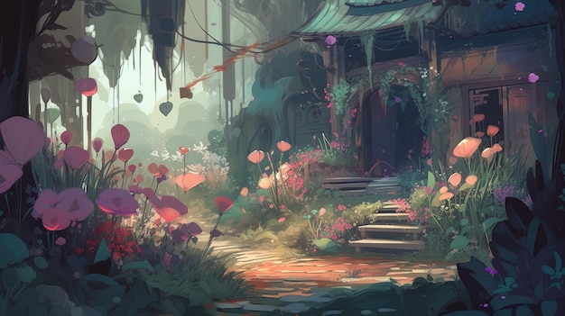 Un jardin magique avec des fleurs colorées Concept fantastique Peinture d'illustration AI générative