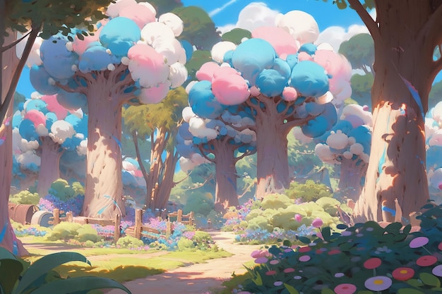 Un jardin magique sucré avec des pommiers en bonbon illustration d'art numérique