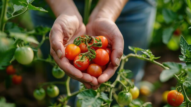 Jardin à la maison avec les mains en train de cueillir des tomates cerises mûres