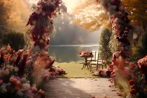 Jardin de mariage avec des fleurs colorées et des chaises paisibles au centre