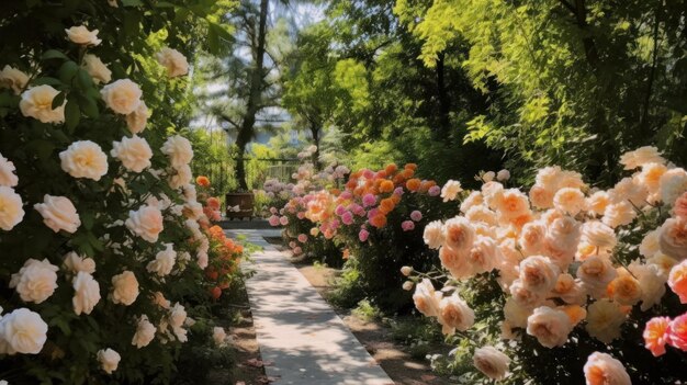 Le jardin de marigolds et les roses en fleurs