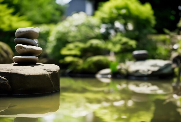 Photo jardin de méditation tranquille avec des éléments zen comme des rochers et un étang tranquille.