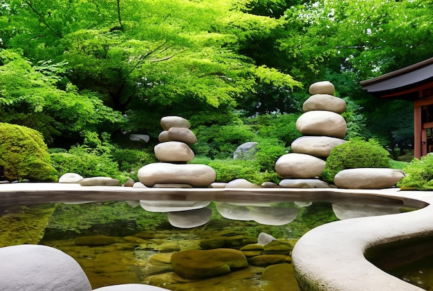 Jardin de méditation tranquille avec des éléments zen comme des rochers et un étang tranquille.