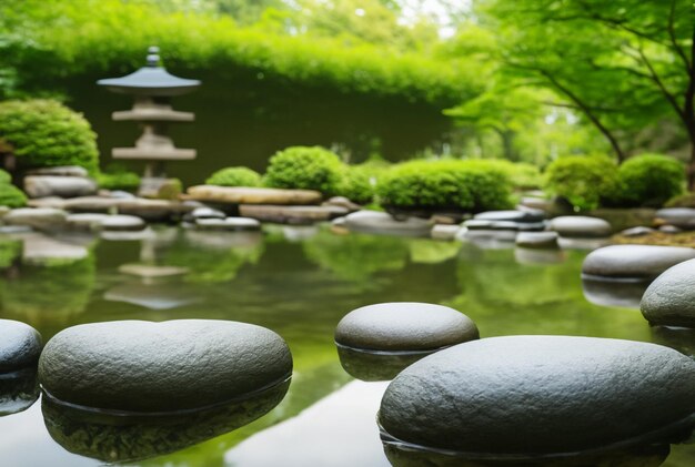 Photo jardin de méditation tranquille avec des éléments zen comme des rochers et un étang tranquille.