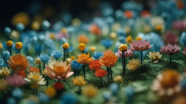 Un jardin miniature avec une fleur en papier au milieu