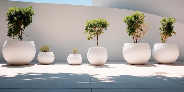 Photo jardin minimaliste avec plusieurs plantes situées dans des pots blancs