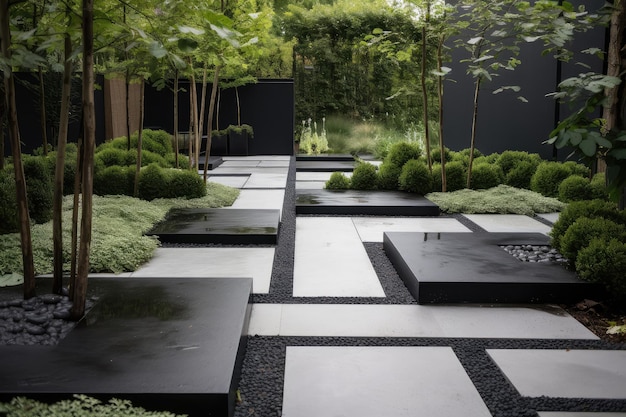 Jardin moderne avec un design minimaliste élégant avec des sentiers en métal et des marches noires