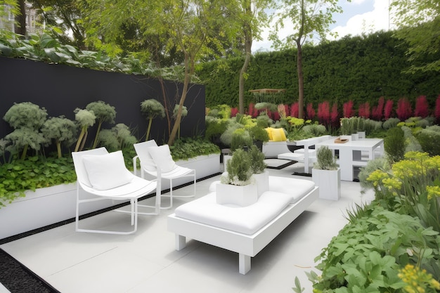 Jardin moderne avec des meubles blancs élégants et des touches de couleur