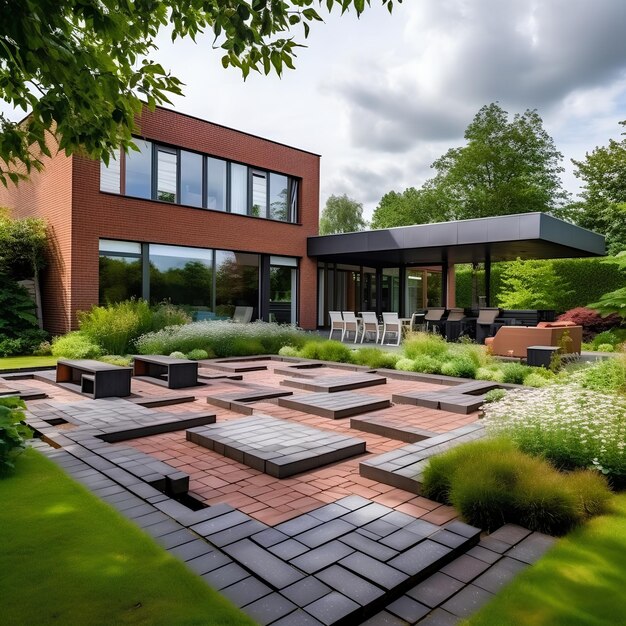 Un jardin moderne avec une pelouse carrée au milieu