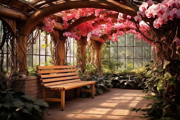 Jardin d'orchidées avec un banc en bois sous une pergola