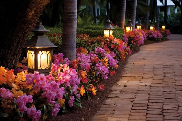 Jardin d'orchidées avec un chemin bordé de lanternes