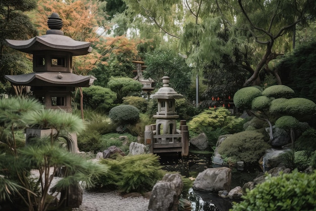 Jardin paisible avec pièce d'eau de pagode japonaise et lanternes créées avec une IA générative