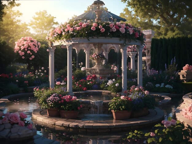 un jardin paisible avec des roses en fleurs une fontaine bouillonnante et un belvédère entouré d'une végétation luxuriante