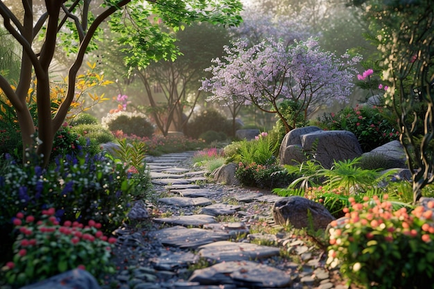 Un jardin paisible avec un sentier de pierre